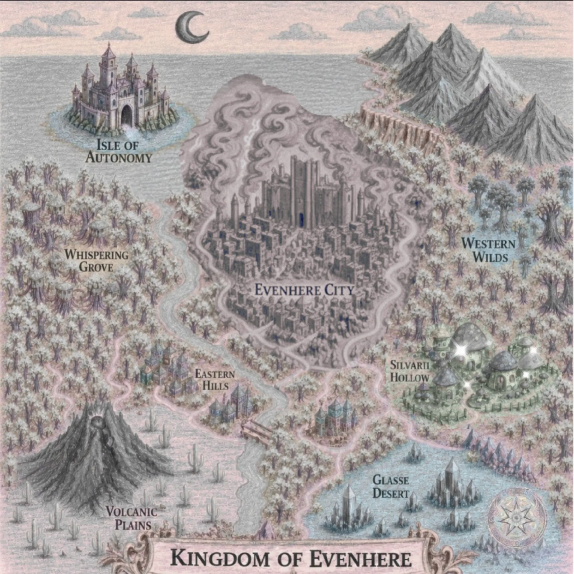Kingdom of Evenhere — illustrated map showing Evenhere City, the Eastern Hills, the Forest, Whispering Grove, Silvarii Hollow, and the Grotto of Trust