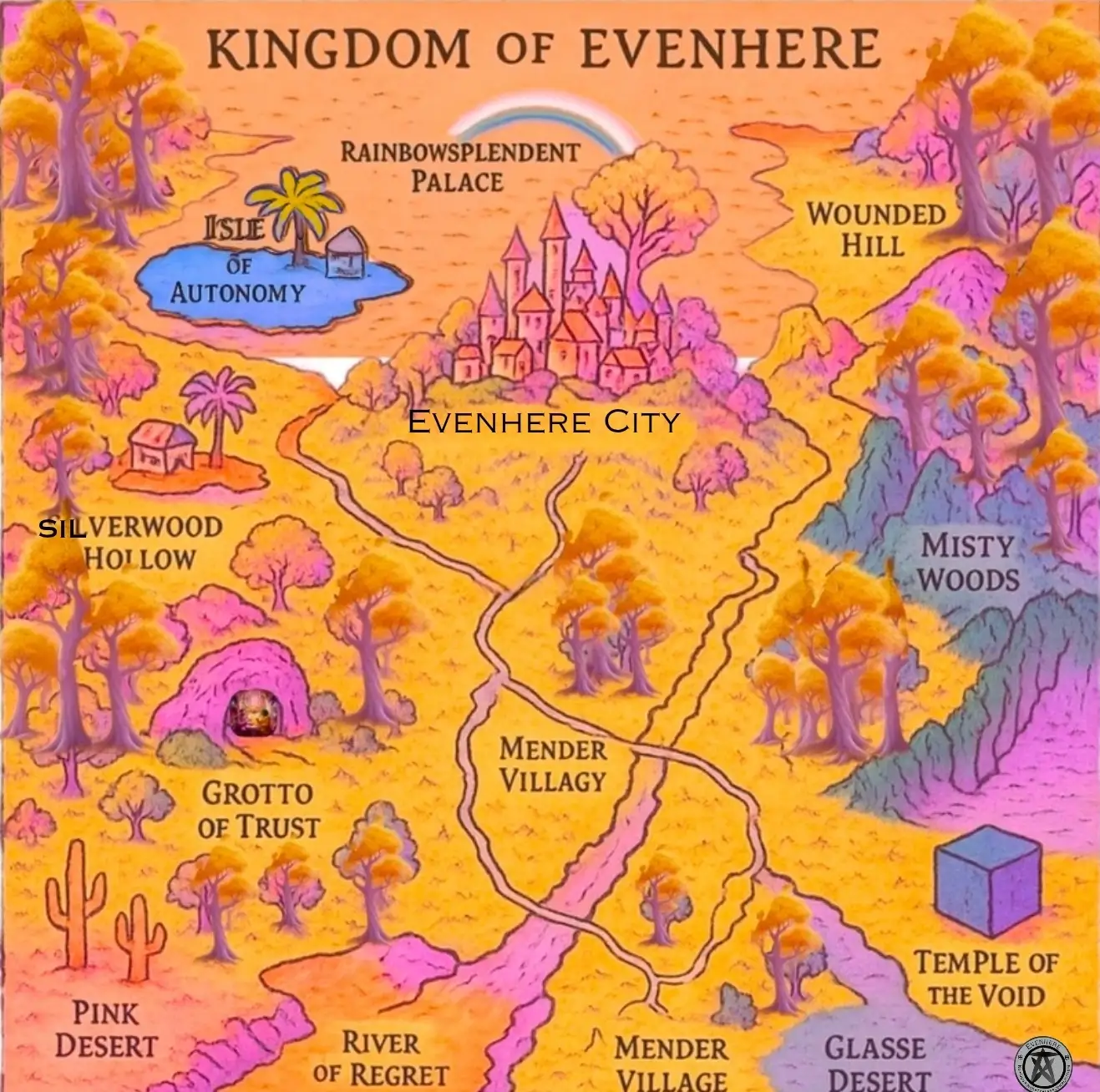 Kingdom of Evenhere — full illustrated map showing Evenhere City, Silvarii Hollow, Grotto of Trust, Mender Village, Isle of Autonomy, and surrounding lands